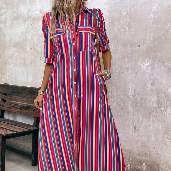 Multicolor Casual Women's Vacation Colorful Striped Front Buttoned Maxi Dress - Picture 3 of 7